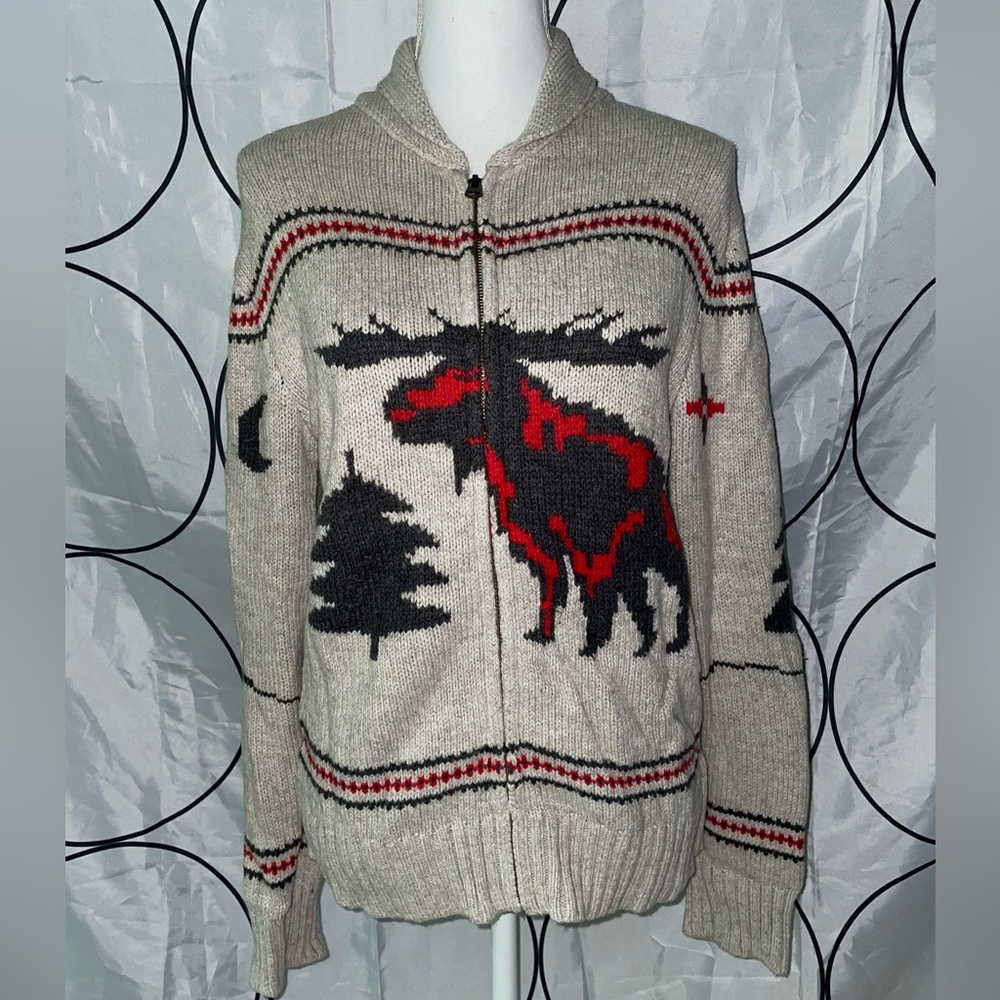GAP Kids Cream Zip Up Sweater with Moose Design | Kids Sz XXL (14-16)